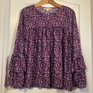 Michael Kors Blue Pink Flowers Long Bell Sleeves Blouse Size Large